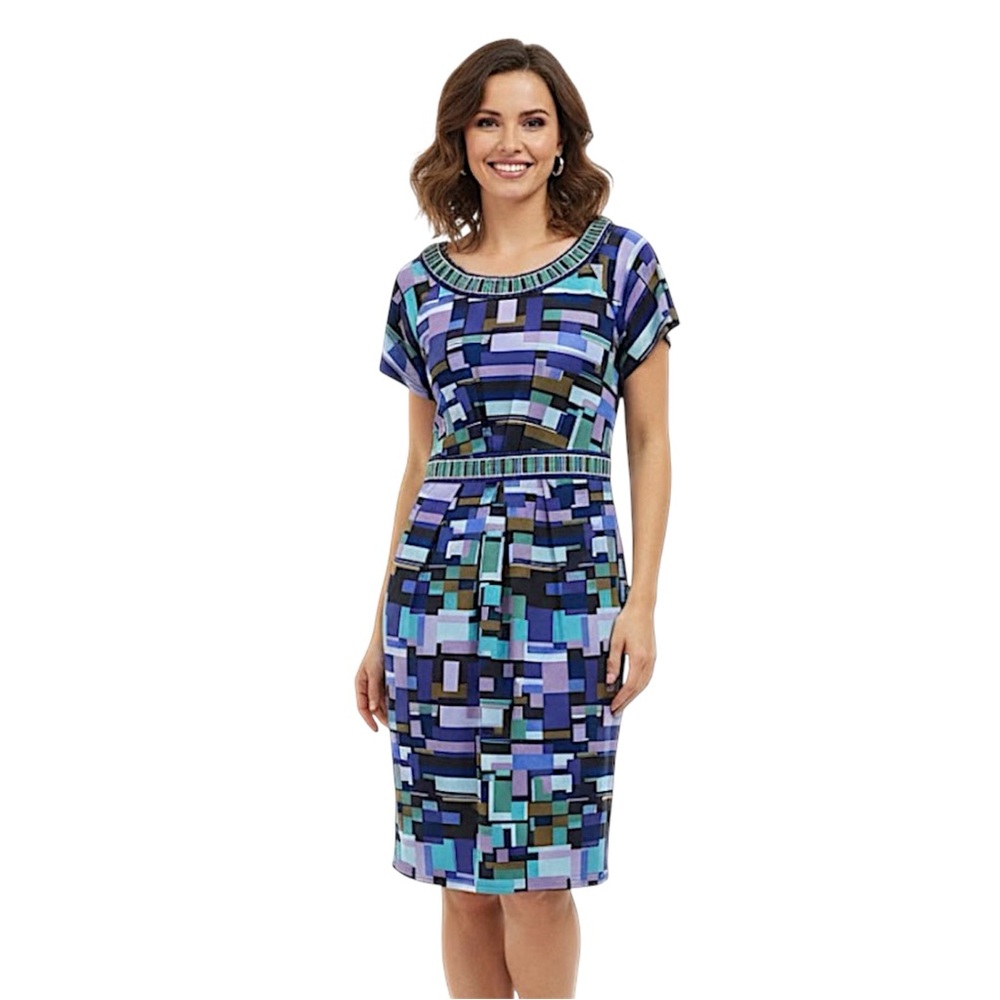 BCBGMAXAZRIA Geometric Print Dress Blue Purple Multi Color Size Large